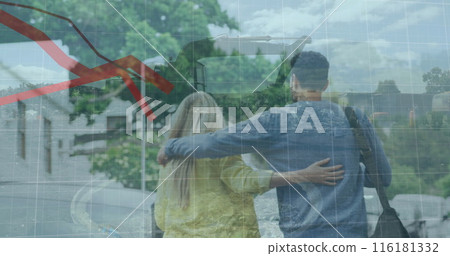 Image of financial data processing over caucasian couple walking in city Image of financial data processing over caucasian couple walking in city 116181332