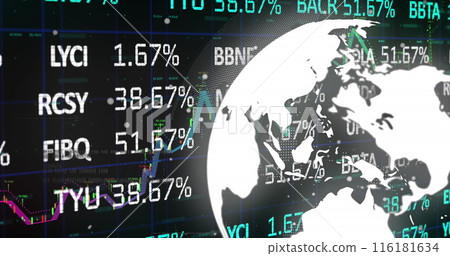 Image of financial data processing and globe on black background Image of financial data processing and globe on black background 116181634
