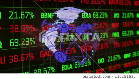 Image of connected icons around globe over trading board against abstract pattern in background Image of connected icons around globe over trading board against abstract pattern in background 116181635