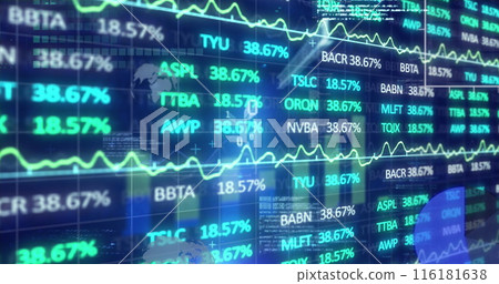 Image of trading board and binary codes over graphs, globe and computer language in background Image of trading board and binary codes over graphs, globe and computer language in background 116181638