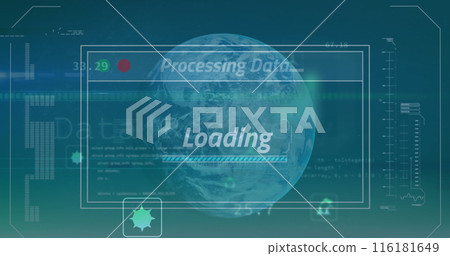 Image of interface with data processing over spinning globe against green background Image of interface with data processing over spinning globe against green background 116181649
