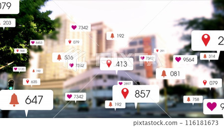 Image of multiple social media icons against time-lapse of city traffic 116181673