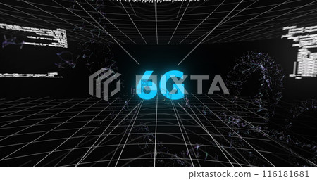 Image of scope scanning, 6g text, network of connections and data processing 116181681