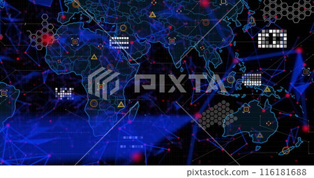 Image of plexus networks and data processing over world map against black background Image of plexus networks and data processing over world map against black background 116181688