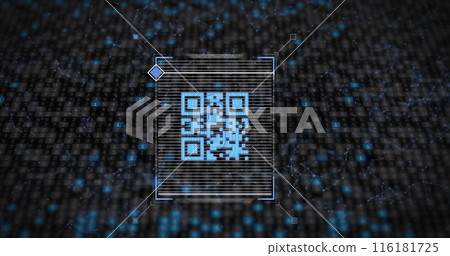 Image of data processing with qr code over moving columns on black background 116181725