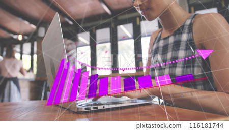 Image of statistical data processing against biracial woman using laptop at a cafe Image of statistical data processing against biracial woman using laptop at a cafe 116181744