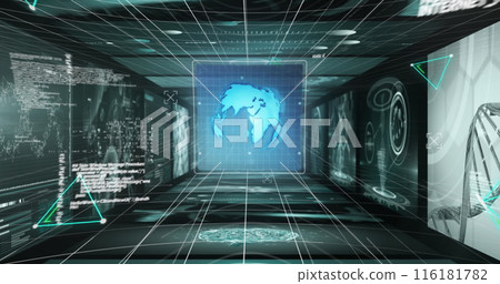 Image of glitch effect over neon triangular shapes against screens with medical data processing 116181782