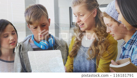Image of data processing over group of diverse students using laptop at school 116181791