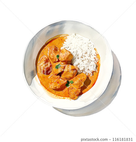 白色背景奶油雞咖哩飯的水彩插圖 白色背景奶油雞咖哩飯的水彩插圖 116181831