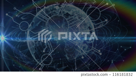 Image of rainbow lens flare, microprocessor connections and light trails over a globe Image of rainbow lens flare, microprocessor connections and light trails over a globe 116181832