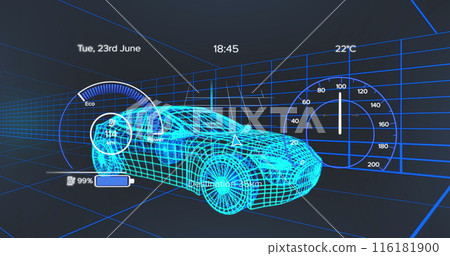 Image of 3d model of car with digital interface and data processing 116181900