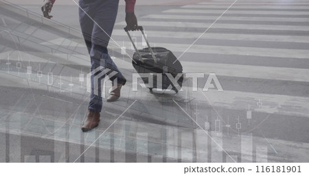 Image of graphs and building over african american man with luggage walking at airport 116181901