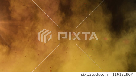 Image of red spots floating over burst of color clouds against grey background 116181907