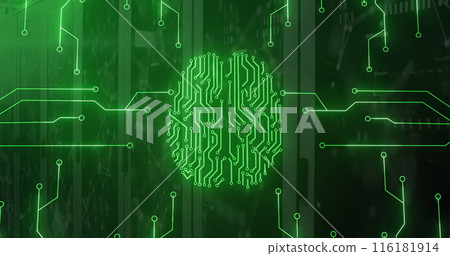 Image of circuit board pattern forming brain over connected dots on server room in background 116181914