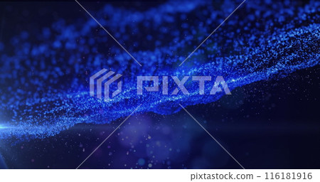 Image of blue glowing digital wave, light sparks and light spot against blue background Image of blue glowing digital wave, light sparks and light spot against blue background 116181916