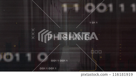 Image of phishing text banner and microprocessor connections against computer server room 116181919