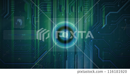 Image of circles, globe and circuit board pattern against server room 116181920