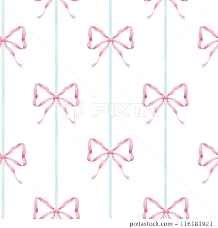 Beautiful geometric seamless pattern with watercolor hand drawn pink bows and blue stripes. Stock illustration. Wallpaper design. Beautiful geometric seamless pattern with watercolor hand drawn pink bows and blue stripes. Stock illustration. Wallpaper design. 116181921