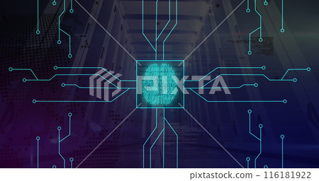 Image of circuit board pattern, brain in square, globe against low angle view of server room 116181922