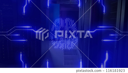 Image of circuit board pattern around brain against server room in background 116181923