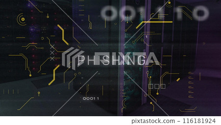 Image of phishing text in circuit board pattern over binary codes against server room 116181924