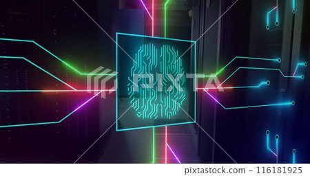 Image of illuminated circuit board pattern around brain in square over server room 116181925
