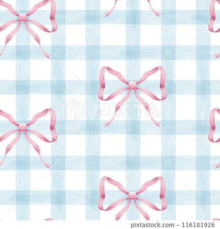 Beautiful geometric seamless pattern with watercolor hand drawn pink bows and blue stripes. Stock illustration. Wallpaper design. Beautiful geometric seamless pattern with watercolor hand drawn pink bows and blue stripes. Stock illustration. Wallpaper design. 116181926