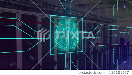 Image of illuminated circuit board pattern around brain in square over server room Image of illuminated circuit board pattern around brain in square over server room 116181927