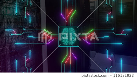 Image of illuminated circuit board pattern around brain in square over server room Image of illuminated circuit board pattern around brain in square over server room 116181928