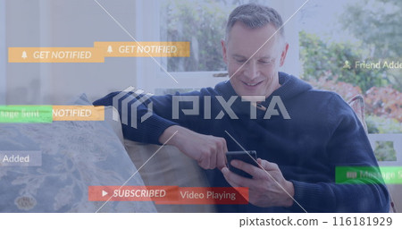 Image of media icons over caucasian man using smartphone Image of media icons over caucasian man using smartphone 116181929