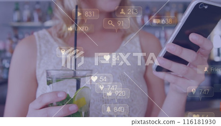 Image of media icons over caucasian woman with drink using smartphone Image of media icons over caucasian woman with drink using smartphone 116181930