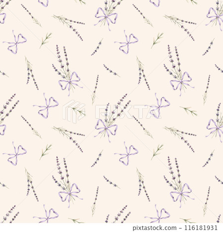 Beautiful floral seamless pattern with hand drawn lavender flowers with bows. Stock illustration. Floral natural wallpaper. Gentle design. 116181931
