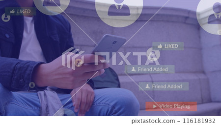 Image of media icons over biracial man using smartphone Image of media icons over biracial man using smartphone 116181932