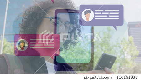 Image of message box icons over cellphone against smiling biracial man typing on cellphone Image of message box icons over cellphone against smiling biracial man typing on cellphone 116181933