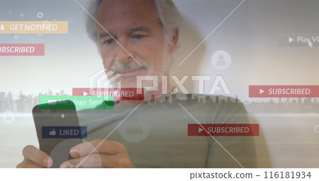 Image of media icons and cityscape over senior caucasian man using smartphone Image of media icons and cityscape over senior caucasian man using smartphone 116181934