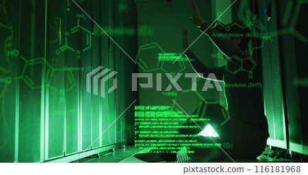 Image of computer language, molecule structures, caucasian man using vr headset in server room Image of computer language, molecule structures, caucasian man using vr headset in server room 116181968