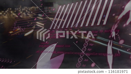 Image of numbers, data processing and statistics over traffic in fast motion 116181971