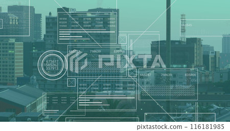 Image of financial data processing over cityscape 116181985