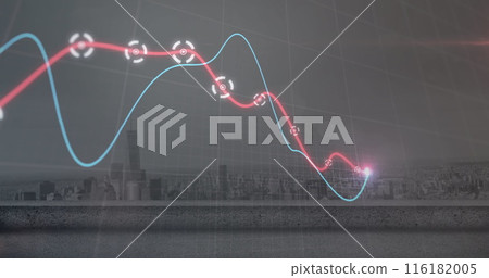 Image of glowing graphs moving over grid network against aerial view of cityscape 116182005
