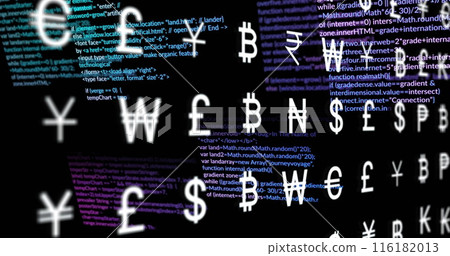 Image of multiple currency symbols over data processing against black background 116182013