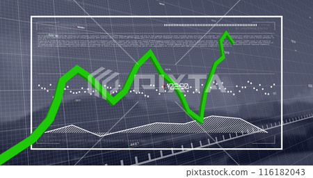Image of green line and financial data processing over grid 116182043
