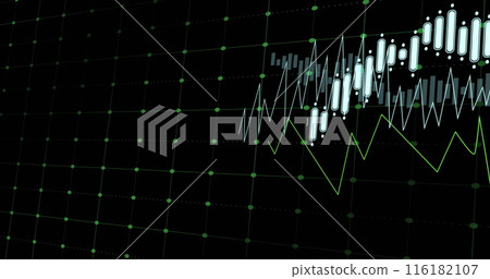 White and green lines displaying data trends on black background White and green lines displaying data trends on black background 116182107