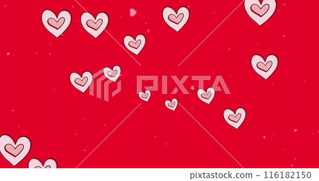 Image of pink heart icons floating against copy space on red background 116182150