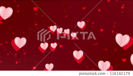 Image of pink heart icons floating against copy space on red background Image of pink heart icons floating against copy space on red background 116182179