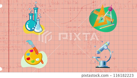 Image of school concept icons and mathematical equations on pink square lined paper background 116182223