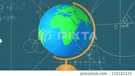 Image of globe model icon and mathematical equations on grid network against blue background 116182225
