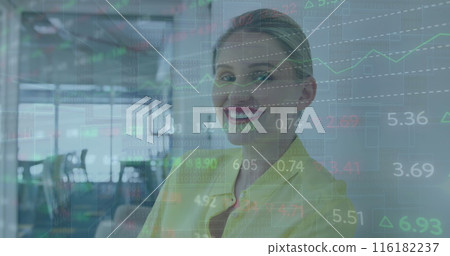 Image of stock market data processing against caucasian woman smiling at office Image of stock market data processing against caucasian woman smiling at office 116182237