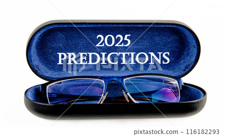 Business concept. Copy space.2025 predictions symbol on the inside of the glasses case on a white background Business concept. Copy space.2025 predictions symbol on the inside of the glasses case on a white background 116182293