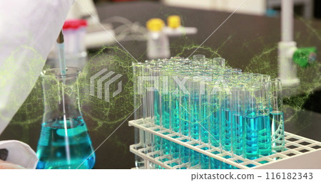 Image of illuminated dna helix over cropped hand of scientist injecting liquid in test tubes 116182343