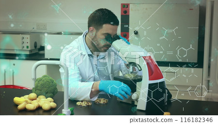 Image of molecule structures, nucleotides, caucasian scientist looking sample through microscope Image of molecule structures, nucleotides, caucasian scientist looking sample through microscope 116182346